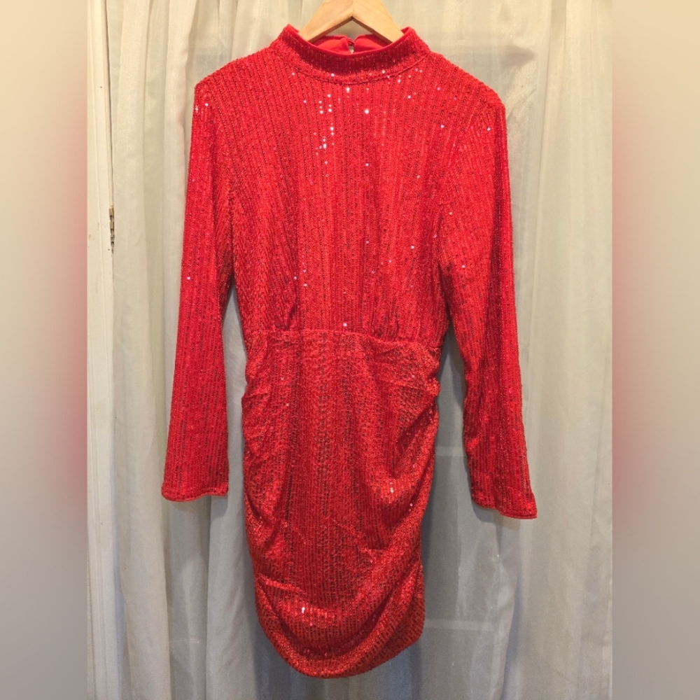 NWT Eilly Bazar Red Sequin Backless Dress Ruched Zipper Large